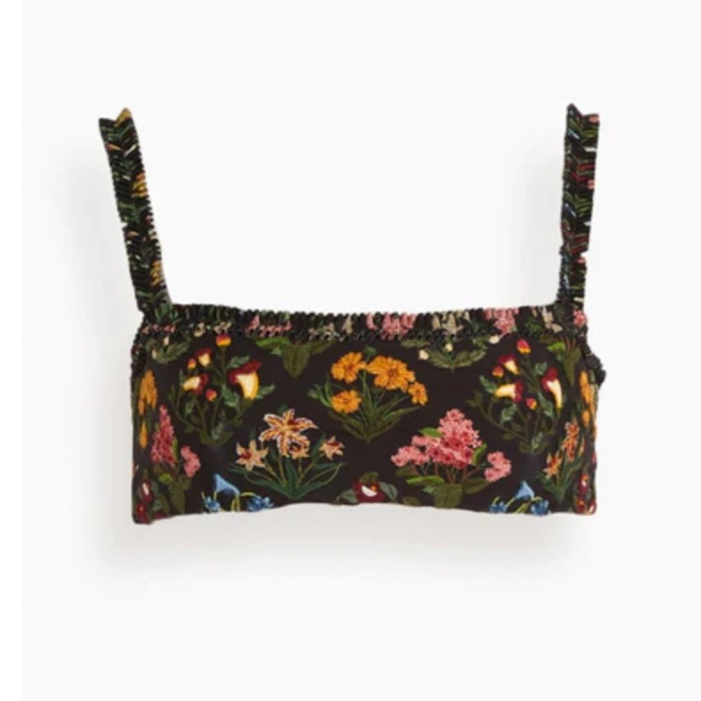 AGUA BY AGUA BENDITA Olmo Ruffled Floral Bikini Top in Magdelena Evening Size S